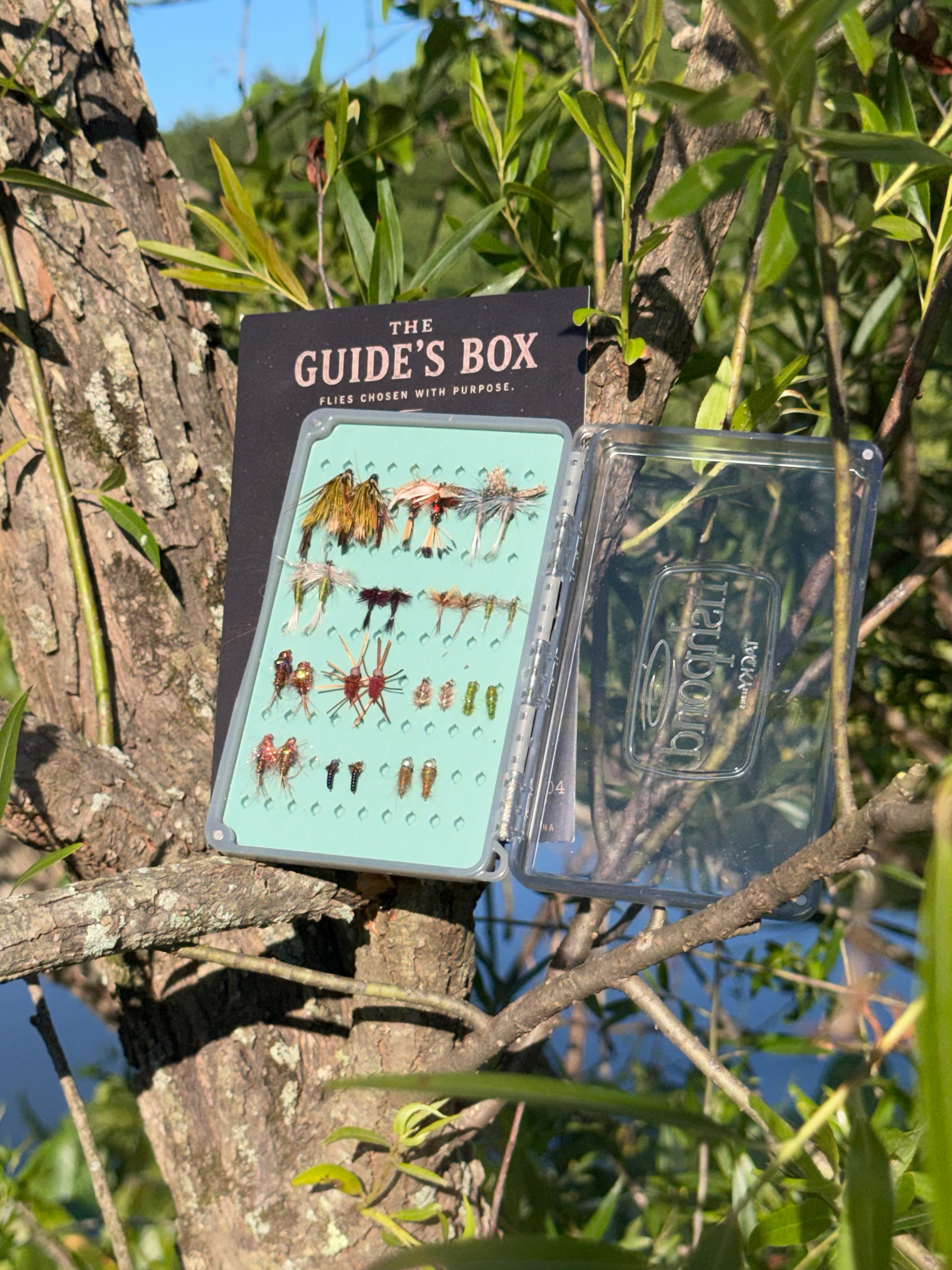 Fishing lure box labeled 'The Guide's Box' attached to a tree with a natural outdoor background.